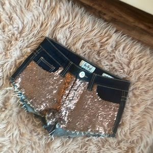 Rose gold sequin jean shorts